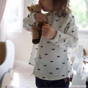 Hope and Henry | Soft White with Navy Horse Print Button up Peter Pan Collar Top
